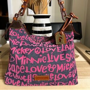 Disney Parks Dooney and Bourke PINK Denim Mickey Minnie Peace Love Laugh Bag